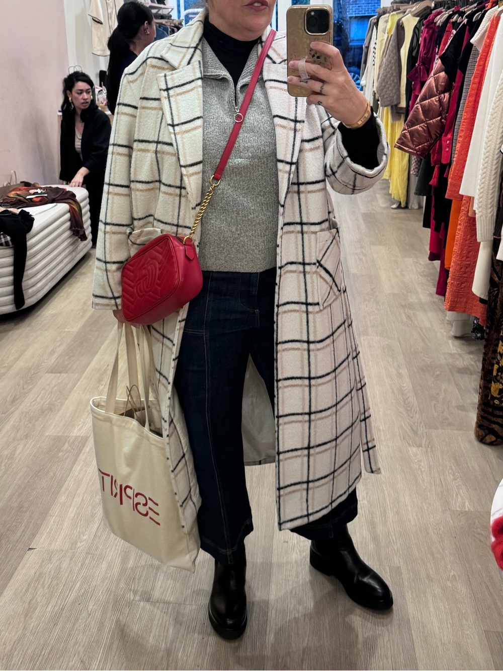 Plaid Long Wool-Blend Overcoat with Windowpane Check